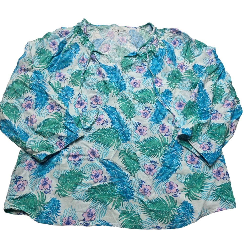 Margaritaville Women Blue Green Tropical Floral Viscose Tie Neck Blouse Size M